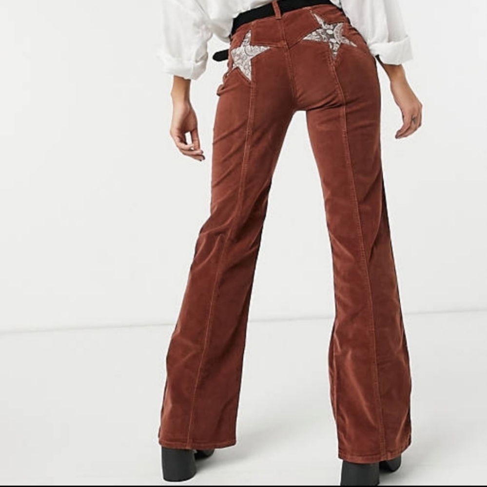 Free People Rust Brown Corduroy Bootcut Pants with Star Back Embroidery